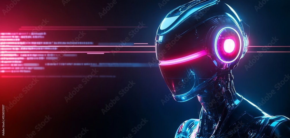 Poster a futuristic robot head with glowing lights and digital data streams, representing advanced technolo