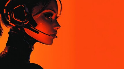 A stylized profile of a woman with a headset, set against a vibrant orange background, exuding a futuristic and tech-savvy vibe.