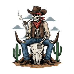 Cartoonish Detailed Skeleton Cowboy Smoking Pipe on Bull Skull Illustration