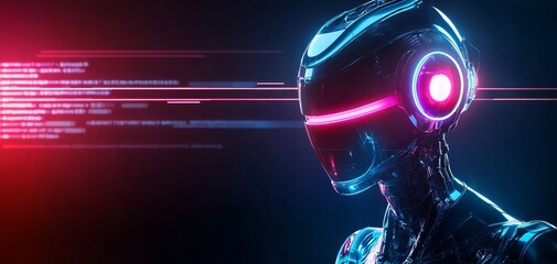 A futuristic robot head with glowing lights and digital data streams, representing advanced technology and artificial intelligence.