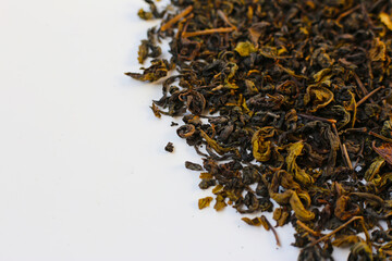 Close-up of dried oolong tea leaves