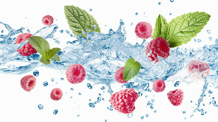 Framboises eau fraiche sur fond blanc