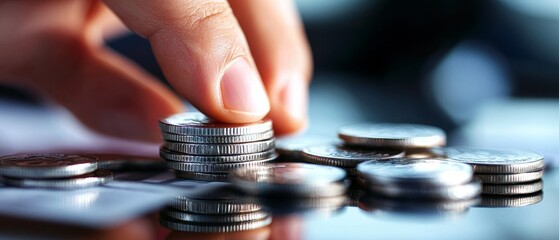 A hand stacks coins on a table, emphasizing currency and finance, with additional coins scattered nearby.