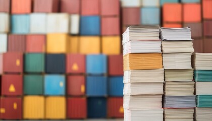 A colorful assortment of stacked boxes in the background, with neatly organized stacks of paper or cards in the foreground.