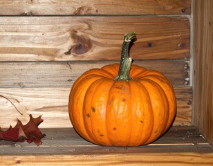 Orange pumpkin in wooden crate. Autumnal fall decor