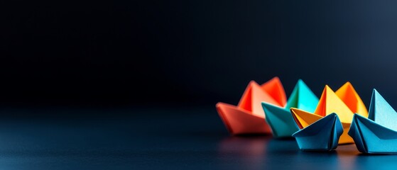 Colorful origami boats arranged artistically against a dark background, showcasing creativity and craftsmanship.