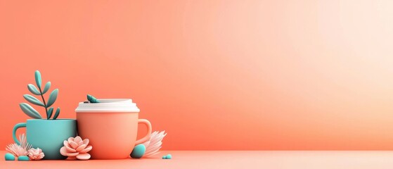 A vibrant composition featuring two stylish cups, greenery, and decorative succulents against a soft peach background.