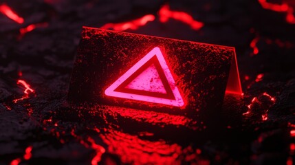 A glowing red triangular sign rests on a dark, textured surface, evoking a sense of danger or alertness amidst a dramatic backdrop.