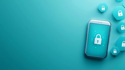 A mobile device surrounded by lock icons, symbolizing digital security and privacy in a modern, teal background.