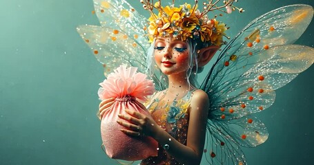 Portrait of a fantasy character with a floral crown holding a pink gift, the wings are translucent with sparkles against a green backdrop, and a dreamlike quality is present - Powered by Adobe