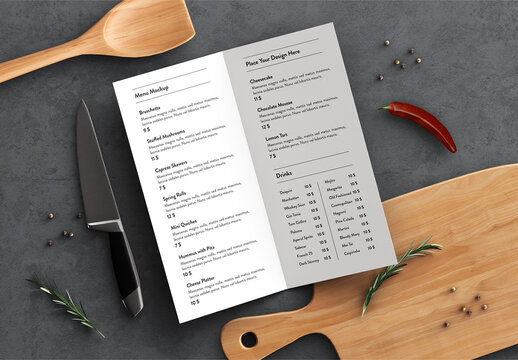 Bifold Restaurant Menu Mockup with Kitchenware Flatlay