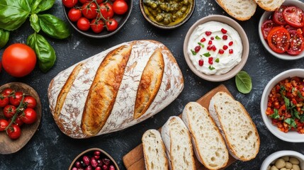 Artisan bread loaf sliced and served with an assortment of healthy flavorful toppings like pesto hummus and roasted vegetables on a rustic background  A delicious and nutritious meal or snack option