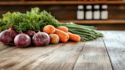 Fresh carrot, onion, potato, and green onion on rustic wooden table, healthy organic vegetables in kitchen