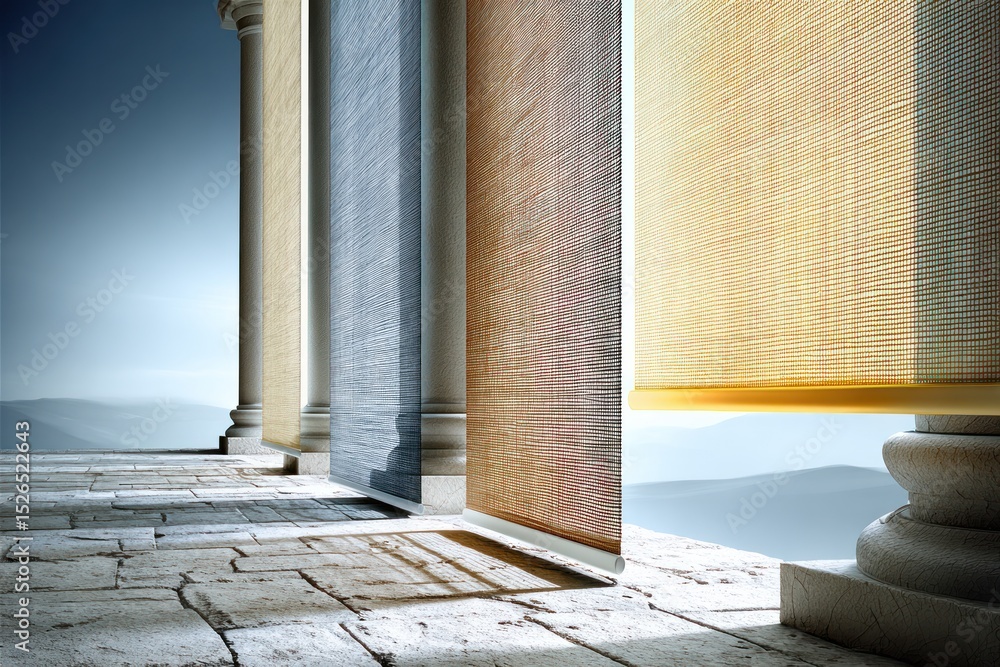 Poster sheer fabric drapes sway softly in a bright courtyard featuring elegant columns and a beautiful moun