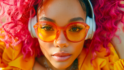 Fototapeta premium Young woman with vibrant pink hair wearing headphones and stylish sunglasses enjoying music