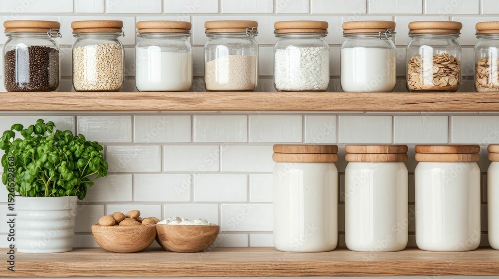Poster stylish and organized kitchen pantry shelves displaying an array of dairy alternative products and v