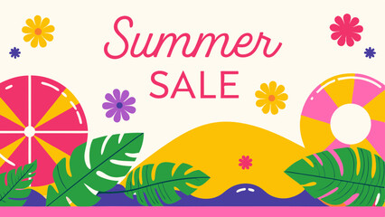 Bright Summer Sale Graphic with Tropical Leaves and Beach Elements for E commerce Marketing and Seasonal