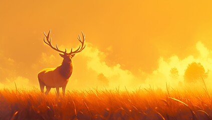 Naklejka premium A majestic red deer standing tall on a foggy hillside at sunrise
