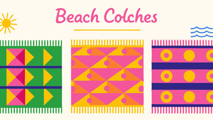 Fototapeta premium Cheerful Beach Colches Fun Pink Green Cotton Fabrics Triangle Designs Seaside Holiday Summer Vacation Bold