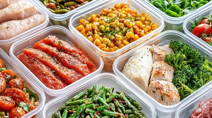 Overhead view of various meal prep containers filled with healthy balanced foods such as vegetables fruits proteins and grains for a nutritious sustainable diet and lifestyle  Concept of clean eating
