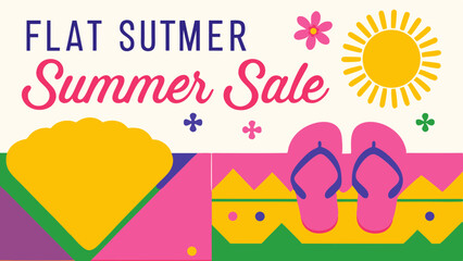 Flat Sutmer Summer Sale Design Graphic Seasonal Sale Vector Art Abstract Geometric Shapes Sun and Flip Flops