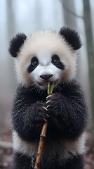 Obraz premium Adorable baby panda bear eating bamboo in the forest