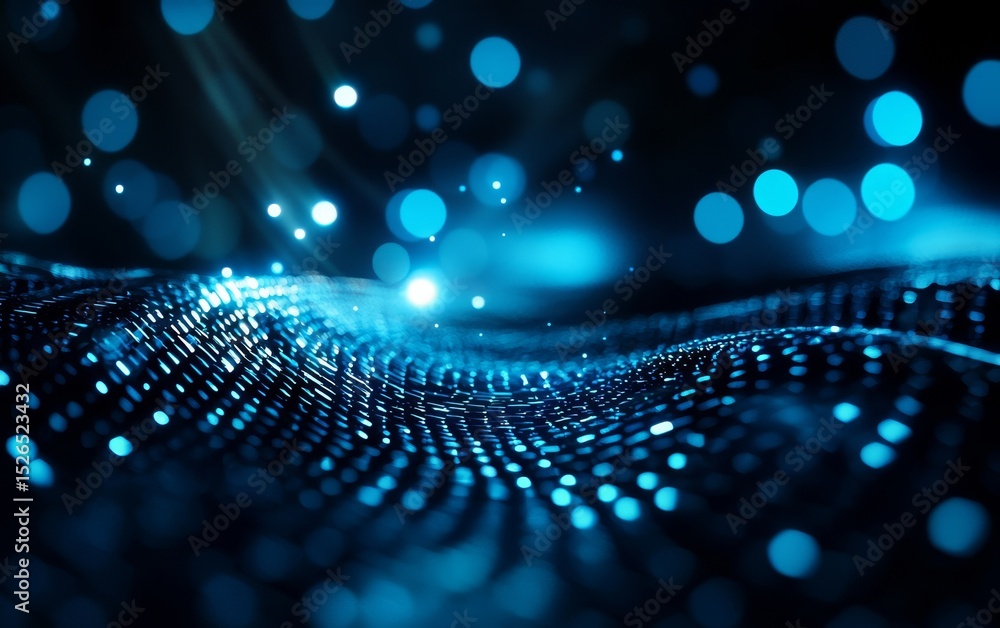 Poster a captivating digital landscape with glowing blue particles creating a wave-like effect against a da