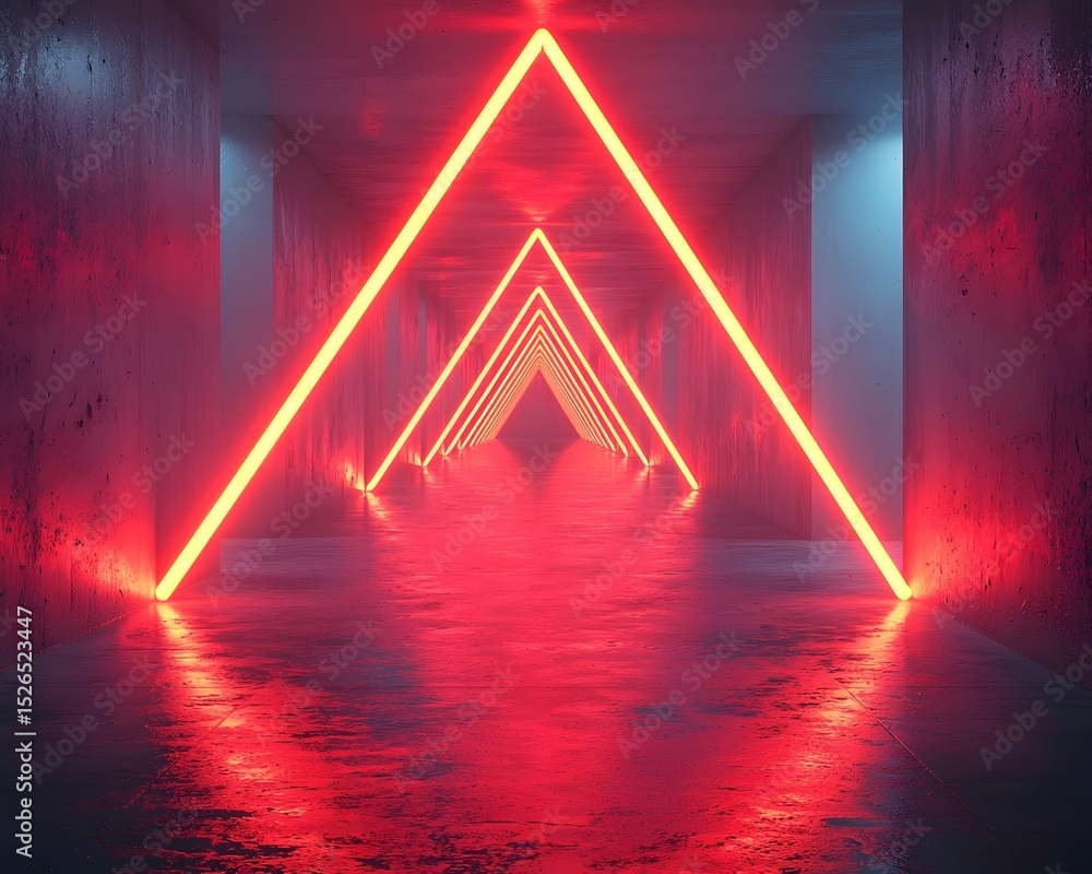 Poster glowing neon red triangular tunnel creating a sense of depth and motion