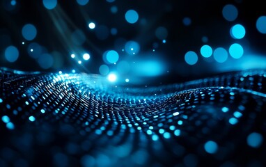 A captivating digital landscape with glowing blue particles creating a wave-like effect against a dark background.