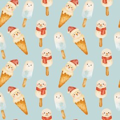 Christmas seamless pattern with ice cream snowmen’s in a waffle cone and on a stick. Cute ice cream characters New year watercolor background. Perfect for wrapping paper, textile, fabric, postcard.