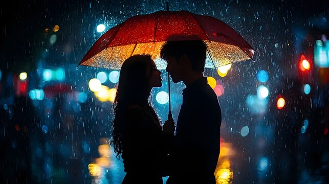 Romantic silhouette of a couple sharing an umbrella in the rain - Powered by Adobe