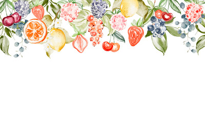 Watercolor illustration of a seamless border frame made of assorted fruits and berries. Hand-drawn botanical elements create a colorful, fresh summer design perfect for packaging or decoration.