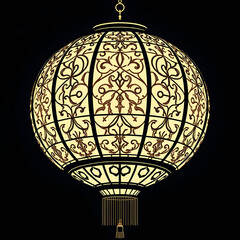 Line drawing of a Chinese lantern with an intricate traditional Chinese pattern (clouds, waves or flowers) incorporated into the negative space inside the lantern body.