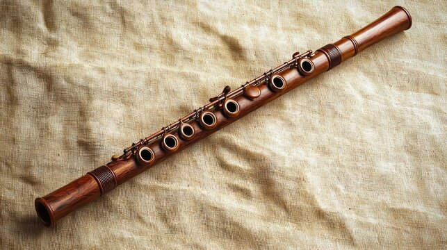 A wooden flute with a brown wooden body and black keys on a beige fabric background.