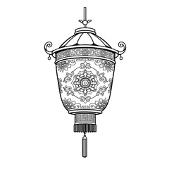 Line drawing of a Chinese lantern with an intricate traditional Chinese pattern (clouds, waves or flowers) incorporated into the negative space inside the lantern body.