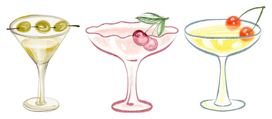 Watercolor illustration of assorted cocktails with martini, champagne, cherries, and olives. Hand drawn elegant drinks in glasses. Perfect for bar menus, parties, and drink themed designs.