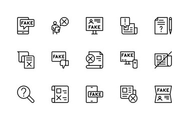 Fake News related vector linear icons set. Isolated icon collection such as incorrect information, exposure, article, sources, digital, lies and more.