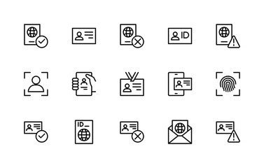 ID card related vector linear icons set. Isolated icon collection such as authentication, profile, security, confirmation, id, verification and more.