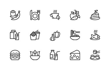 Fototapeta premium Food related vector linear icons set. Isolated icon collection such as strawberry, banana, tea, apple, carrot and more.