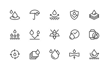 Water resistance related vector linear icons set. Isolated icon collection such as drop, umbrella, water, shield, arrows, waterproof and more.