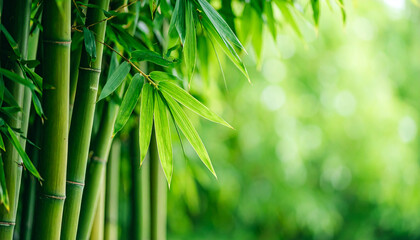 Obraz premium Bamboo forest trees with green leaves. Spring or summer time. Beautiful nature.