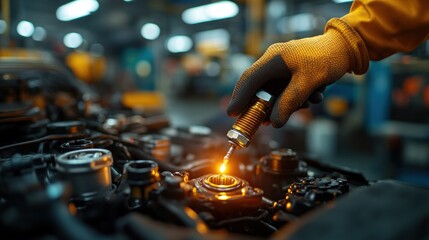 Mechanic inspecting car engine in factory with tools