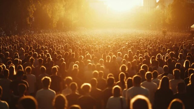 Golden Crowd Silhouette: A vast crowd gathers, their silhouettes outlined against a brilliant, golden sky, creating a mesmerizing display of human unity.