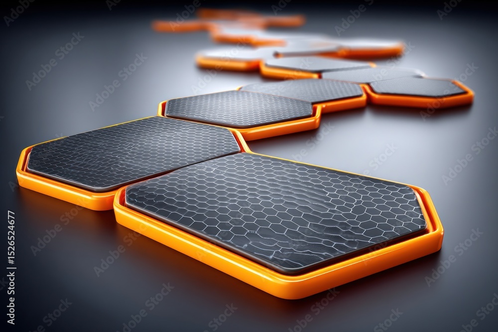Poster hexagonal modular tiles in orange and black are arranged stylishly on a smooth surface at a design e