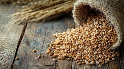 A bag of wheat kernels spilling onto a rustic wooden table with a burlap sack and wheat stalks in the background.