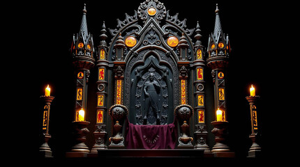 Obraz premium Ai generated image of an ornate gothic shrine, adorned with flickering candles, houses a dark, imposing statue in a shadowy alcove