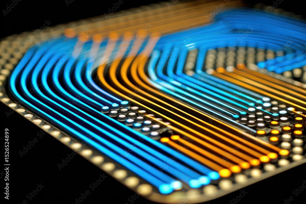 Poster vibrant blue and orange traces on a circuit board highlight modern tech in a dark setting