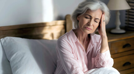 An elderly woman with gray hair wearing pink shrit sits in bed, reflecting thoughtfully
