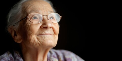 A charming close-up portrait of an older woman with soft features, wearing eyeglasses. Her warm smile and expressive eyes reflect happiness and wisdom.