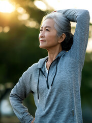 A senior Asian woman wearing sportswear stretches outdoors at sunset, embodying vitality and wellness. Her calm demeanor reflects a commitment to fitness and self-care, inspiring others to embrace a h